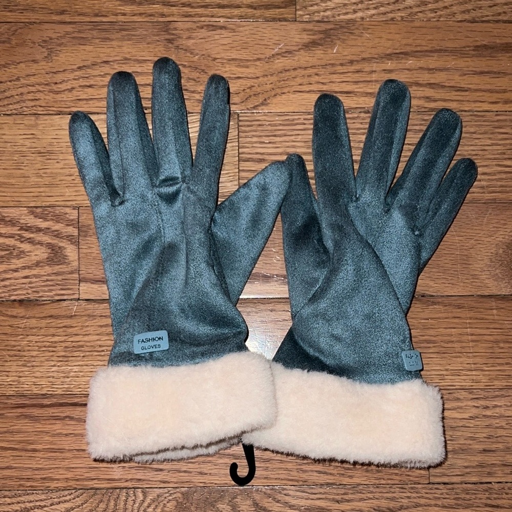 Blue fuzzy fashion gloves with touch screen finger